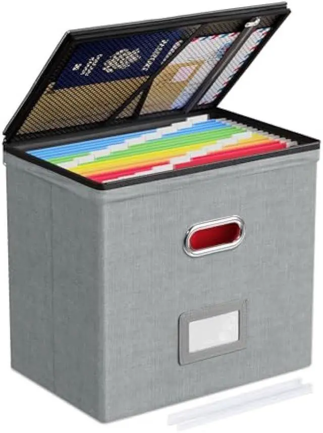 Main image of Oterri Zipper File Box with Lid, Letter Size File Organizer with Mesh Pockets, Portable Filing Box with Handle, Zippers Document Organizer Storage Box for Office/Home/School (1 Pcs, Gray)