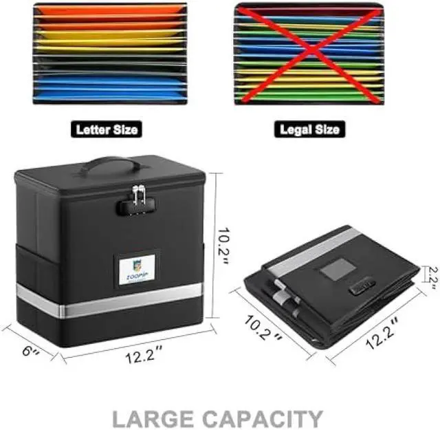 Alt view image 4 of 7 - ZOOPIP Fireproof File Box with Lock, Document Box Storage Organizer, Suitable for Hanging File Folders in Letter Size, Collapsible File Box, Reflective Strip for Fast Find (Small, Black)
