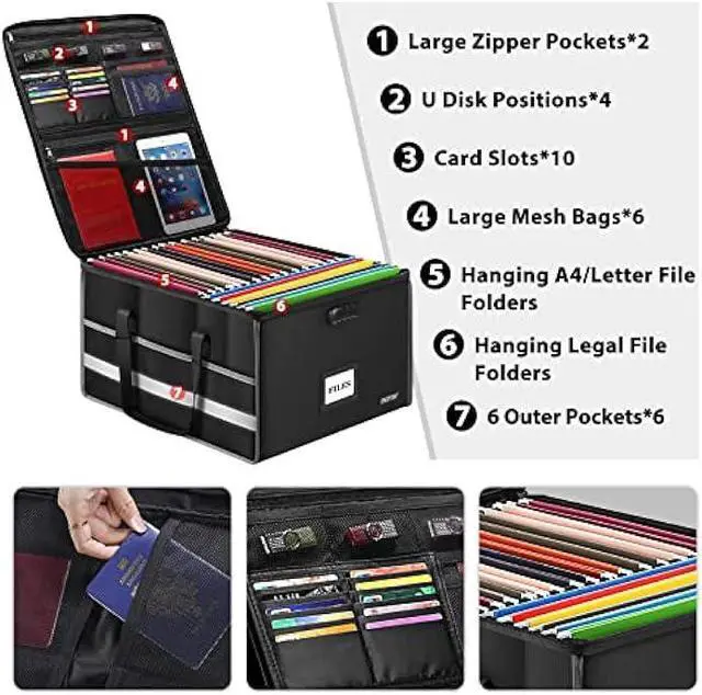 Alt view image 2 of 5 - ENGPOW Fireproof Document Box with Lock, File Storage Organizer Box with Inserts Mesh Pockets, Collapsible Portable Large Filing Cabinet Safe for Hanging Both Letter and Legal Folders(19x16x11)