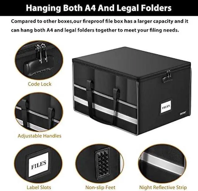 Alt view image 4 of 5 - ENGPOW Fireproof Document Box with Lock, File Storage Organizer Box with Inserts Mesh Pockets, Collapsible Portable Large Filing Cabinet Safe for Hanging Both Letter and Legal Folders(19x16x11)