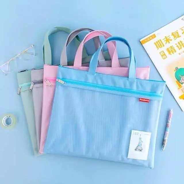 Alt view image 2 of 5 - Pendancy Mesh Zipper Pouch 11x13.7 in, Large Double Pocket Waterproof File Bag with Handle, A4 Size Foldable Document Storage for Puzzle Project/Cross Stitch/Travel/OfficeBlue