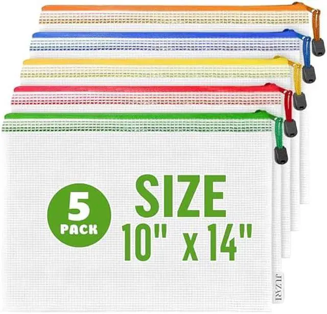 Main image of JUZARI 5 Pack Mesh Bags with Zipper 10x14 Inch for Organizing & Storage - Plastic Pouches School Teachers Classroom Organization Pouch 10 X 14 Zippered Bag