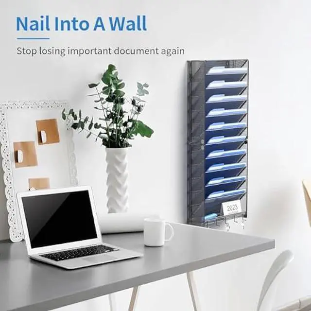 Alt view image 2 of 6 - OUTWOLF Hanging Wall File Organizer with Hooks, 12 Tier Vertical Wall Mount File Holder, File Folder Wall Organizer for Office