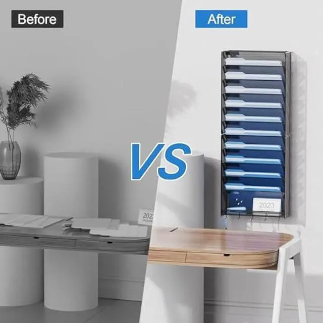 Alt view image 5 of 6 - OUTWOLF Hanging Wall File Organizer with Hooks, 12 Tier Vertical Wall Mount File Holder, File Folder Wall Organizer for Office