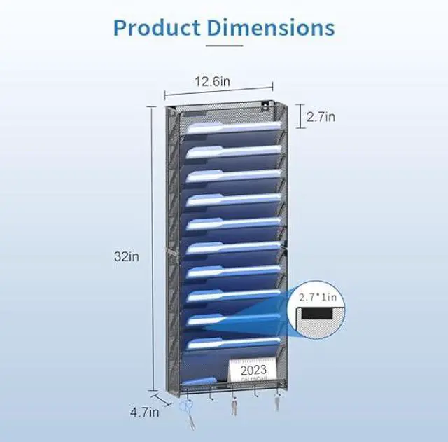 Alt view image 6 of 6 - OUTWOLF Hanging Wall File Organizer with Hooks, 12 Tier Vertical Wall Mount File Holder, File Folder Wall Organizer for Office