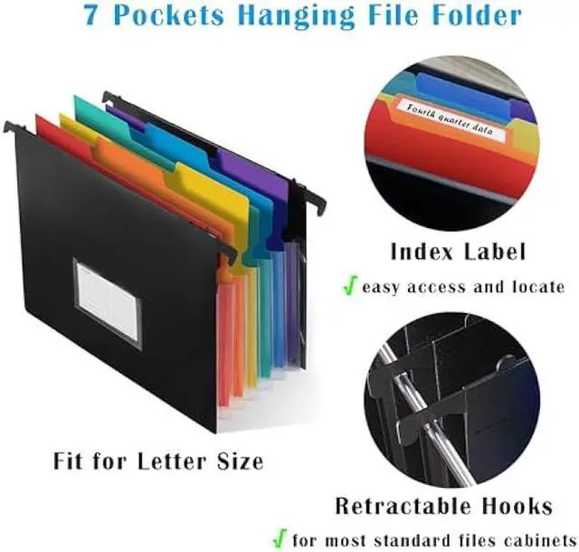 Alt view image 4 of 5 - TRANBO 7-Pockets Hanging File Folder with Retractable Hooks for Filing Cabinet, Letter Size Expandable Accordion File Organizer with Elastic Band for File Frame or On-The-Go Use (3 Pack)