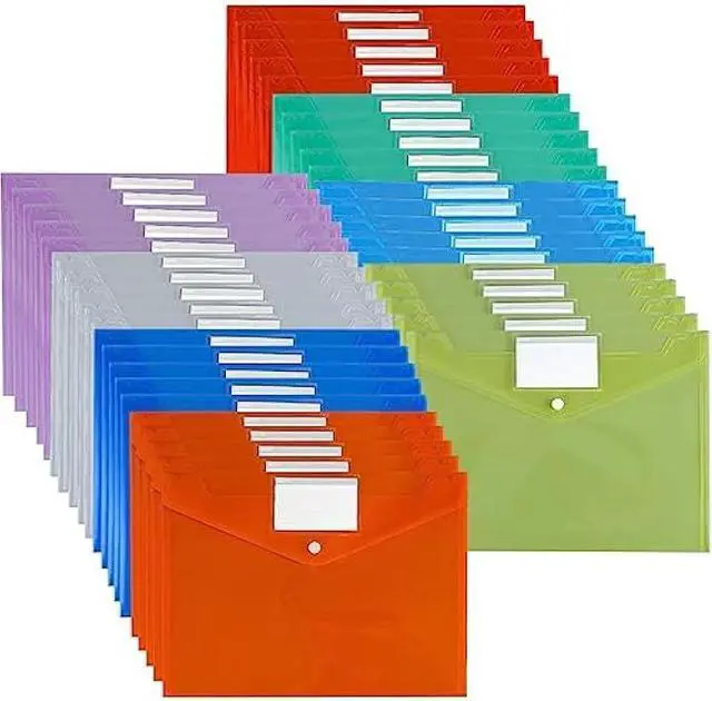 Main image of Plastic File Folders, 40 Pcs Transparent Envelopes Letter Size / A4 Size Waterproof File Pouches with Label Pocket and Snap Button for School Home Work Office Organization 8 Colours