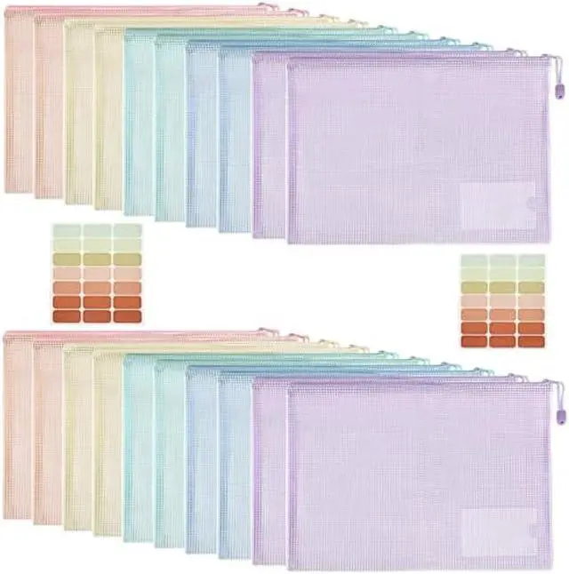 Main image of Mutsitaz Mesh Zipper Pouch Zipper Bags 20 Pcs, 5 Colors Puzzle Bag for Organizing Storage, Letter Size, A4 Size, Zipper File Bags for Organizing School Supplies, Office Appliances, Home and Travel
