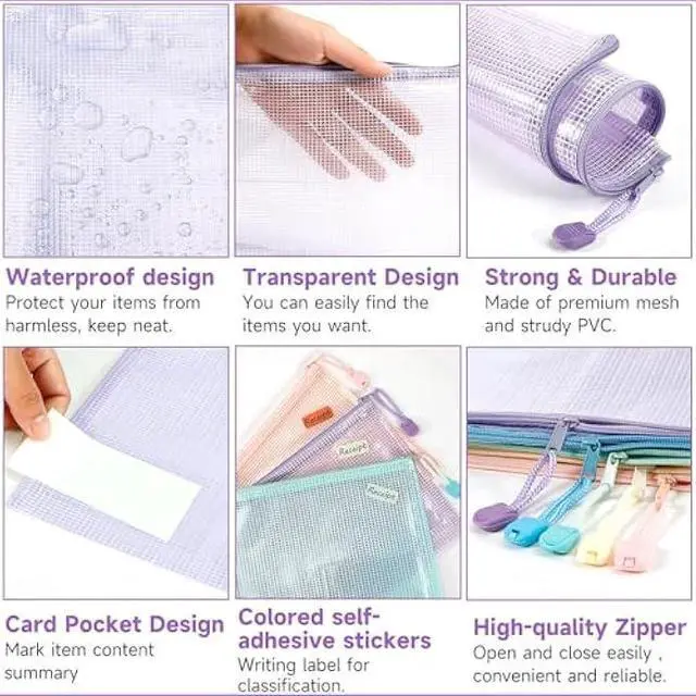 Alt view image 3 of 7 - Mutsitaz Mesh Zipper Pouch Zipper Bags 20 Pcs, 5 Colors Puzzle Bag for Organizing Storage, Letter Size, A4 Size, Zipper File Bags for Organizing School Supplies, Office Appliances, Home and Travel