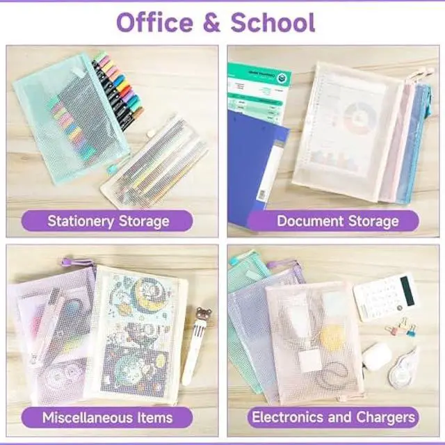 Alt view image 4 of 7 - Mutsitaz Mesh Zipper Pouch Zipper Bags 20 Pcs, 5 Colors Puzzle Bag for Organizing Storage, Letter Size, A4 Size, Zipper File Bags for Organizing School Supplies, Office Appliances, Home and Travel