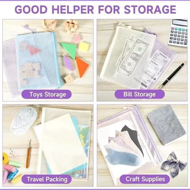 Alt view image 7 of 7 - Mutsitaz Mesh Zipper Pouch Zipper Bags 20 Pcs, 5 Colors Puzzle Bag for Organizing Storage, Letter Size, A4 Size, Zipper File Bags for Organizing School Supplies, Office Appliances, Home and Travel