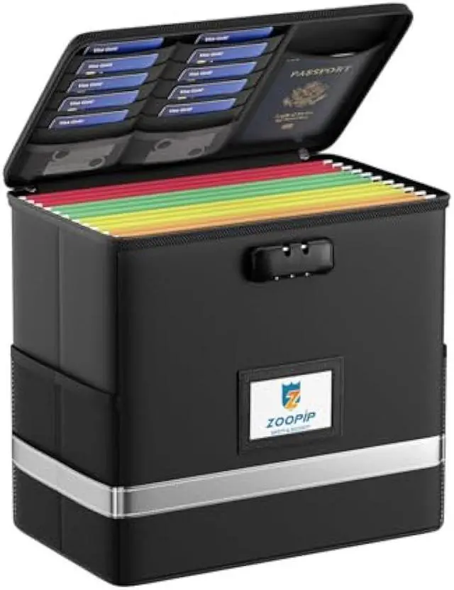 Main image of ZOOPIP Fireproof File Box with Lock, Document Box Storage Organizer, Suitable for Hanging File Folders in Letter Size, Collapsible File Box, Reflective Strip for Fast Find (Small, Black)