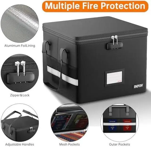 Alt view image 5 of 5 - ENGPOW 5200°F Fireproof Document Box with Lock, Heat Insulated Collapsible File Storage Organizer with Handle, Portable Home Office File Cabinet for Hanging Letter/Legal Size Folder, Black
