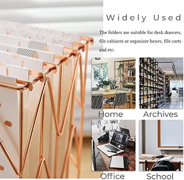 Alt view image 2 of 5 - Y YOMA 12 Pack Rose Gold Hanging File Folders Letter Size Decorative File Folder Cute Pretty Hanging Folder Organizer for Filing Cabinet Office Home with 1/5-Cut Adjustable Tabs, 3 Gold Foil Design