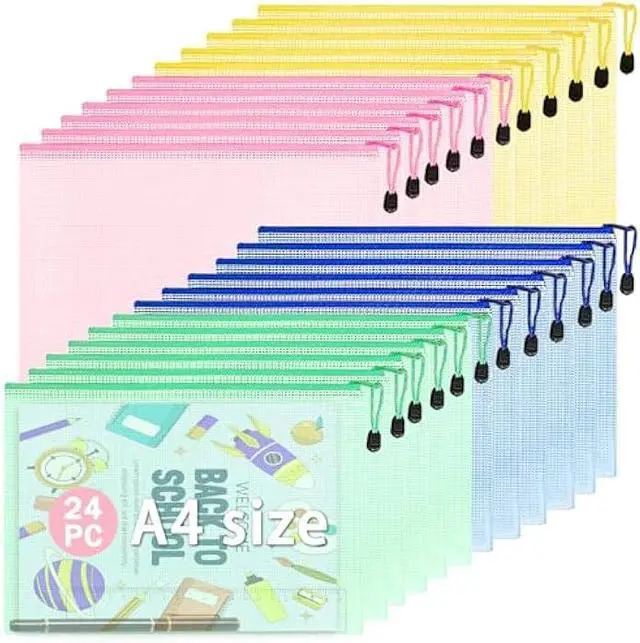 Main image of Qualsen 24 pcs Mesh Zipper Pouch, Mesh Zipper File Bags A4, Waterproof Plastic Document Pouch File Holders for Office School Supplies Travel Storage Bags