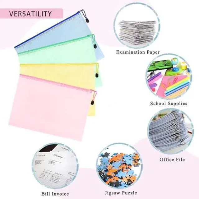 Alt view image 6 of 6 - Qualsen 24 pcs Mesh Zipper Pouch, Mesh Zipper File Bags A4, Waterproof Plastic Document Pouch File Holders for Office School Supplies Travel Storage Bags