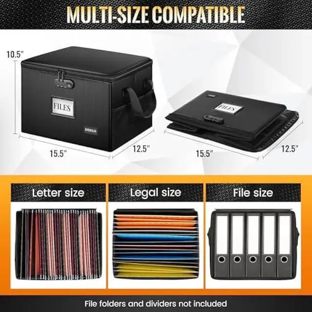 Alt view image 3 of 5 - DEEGO Fireproof Document Box, Water-Resistant File Organizer Box with Lock for Document Safe, Collapsible File Organizer with Handle, Filing Cabinets for Home Office for Hanging Letter/Legal Folder
