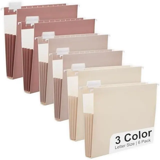 Main image of Y YOMA 6 Pack Extra Capacity Hanging File Folders Letter Size Accordion Decorative Reinforced File Folder Cute Colored Expandable Folder for Office Home with 1/5-Cut Adjustable Tabs, Mocha Color