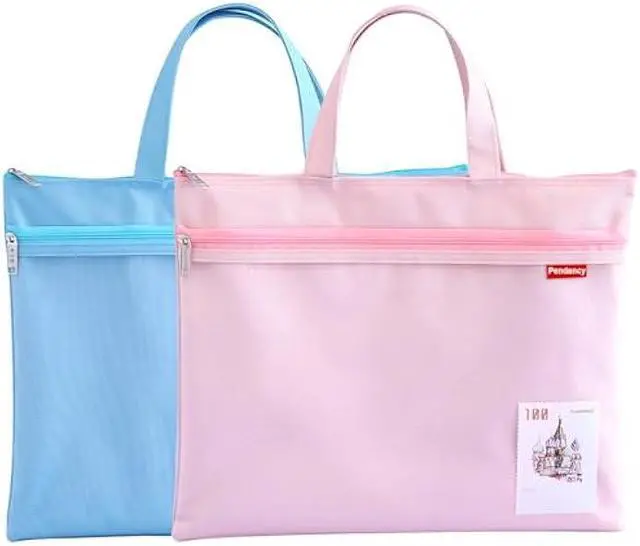 Main image of Pendancy Mesh Zipper Pouch 11x13.7 in, 2 pcs Large Double Pocket Waterproof File Bag with Handle, A4 Size Foldable Document Storage for Puzzle Project/Cross Stitch/Travel/OfficeBlue Pink