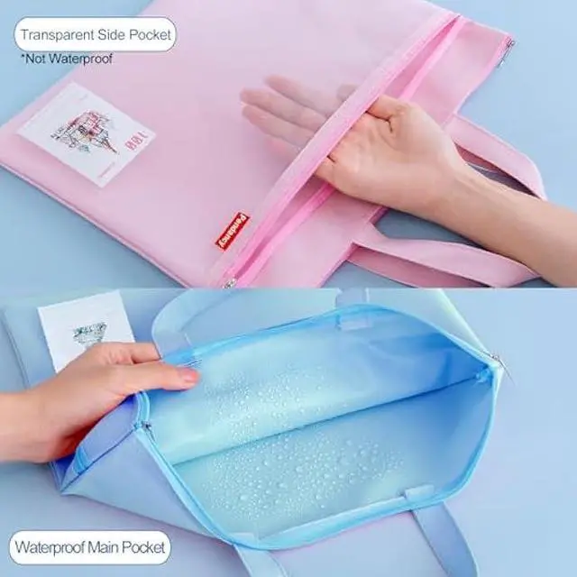 Alt view image 3 of 6 - Pendancy Mesh Zipper Pouch 11x13.7 in, 2 pcs Large Double Pocket Waterproof File Bag with Handle, A4 Size Foldable Document Storage for Puzzle Project/Cross Stitch/Travel/OfficeBlue Pink