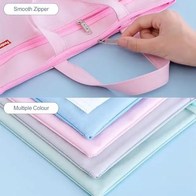 Alt view image 4 of 6 - Pendancy Mesh Zipper Pouch 11x13.7 in, 2 pcs Large Double Pocket Waterproof File Bag with Handle, A4 Size Foldable Document Storage for Puzzle Project/Cross Stitch/Travel/OfficeBlue Pink