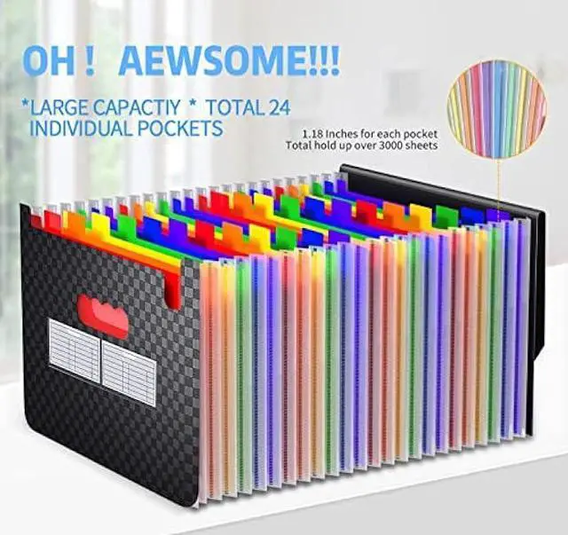 Alt view image 2 of 5 - 24 Pockets Expandable Accordion File Organizer, Expanding File Folders, Portable Rainbow Plastic Filing Box with Colored Labels for School Work Family Project Office Personal Document