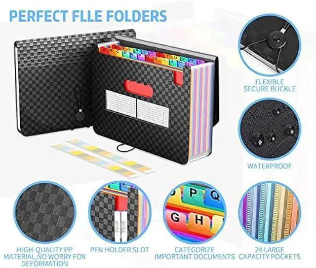 Alt view image 3 of 5 - 24 Pockets Expandable Accordion File Organizer, Expanding File Folders, Portable Rainbow Plastic Filing Box with Colored Labels for School Work Family Project Office Personal Document