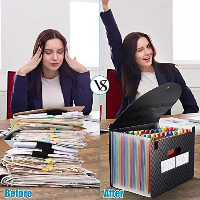 Alt view image 5 of 5 - 24 Pockets Expandable Accordion File Organizer, Expanding File Folders, Portable Rainbow Plastic Filing Box with Colored Labels for School Work Family Project Office Personal Document