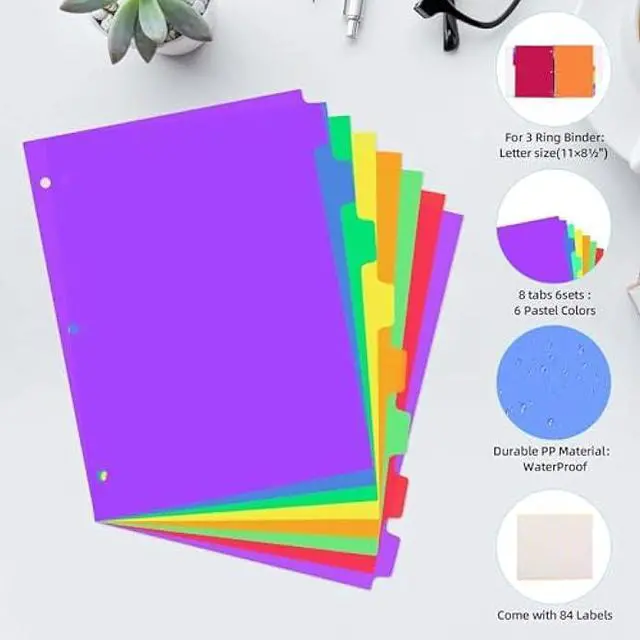 Alt view image 4 of 5 - 24PCS/3 Set 3-Ring Binder Dividers with Tabs,8 Tab Plastic File Dividers,Binder Separators with tabs for Office/School Supplies