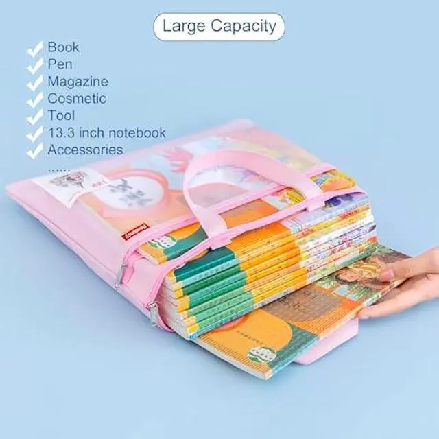 Alt view image 6 of 6 - Pendancy Mesh Zipper Pouch 11x13.7 in, 2 pcs Large Double Pocket Waterproof File Bag with Handle, A4 Size Foldable Document Storage for Puzzle Project/Cross Stitch/Travel/OfficeBlue Pink