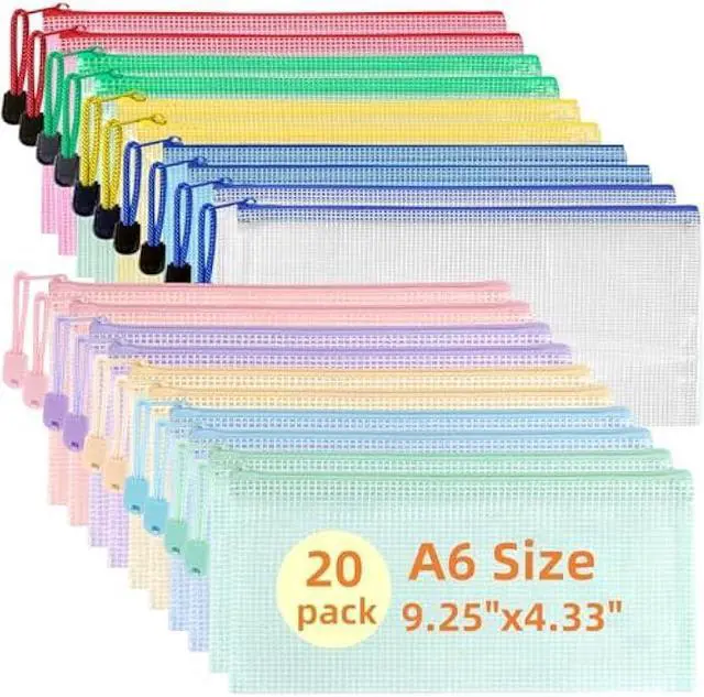 Main image of Kiapeak Mesh Zipper Pouch Zipper Bags 20 Pcs, 10 Colors Puzzle Bag for Organizing Storage, A6 Size,Zipper File Bags for Organizing School Supplies, Office, Travel and Home Storage