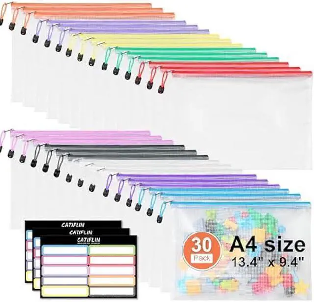 Main image of CATIFLIN 30 Pack Mesh Zipper Pouch Bags, A4 Letter Size, Clear Plastic Zip Bags for Board Game & Puzzle Storage, Waterproof & Durable Document Bags for Office, School, Travel, Art & Craft Supplies