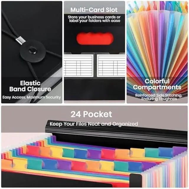 Alt view image 4 of 7 - 24 Pocket Accordion File Organizer, Document Organizer for Letter Size A4 Papers, Expanding File Folder with Month Labels, High Capacity - Black