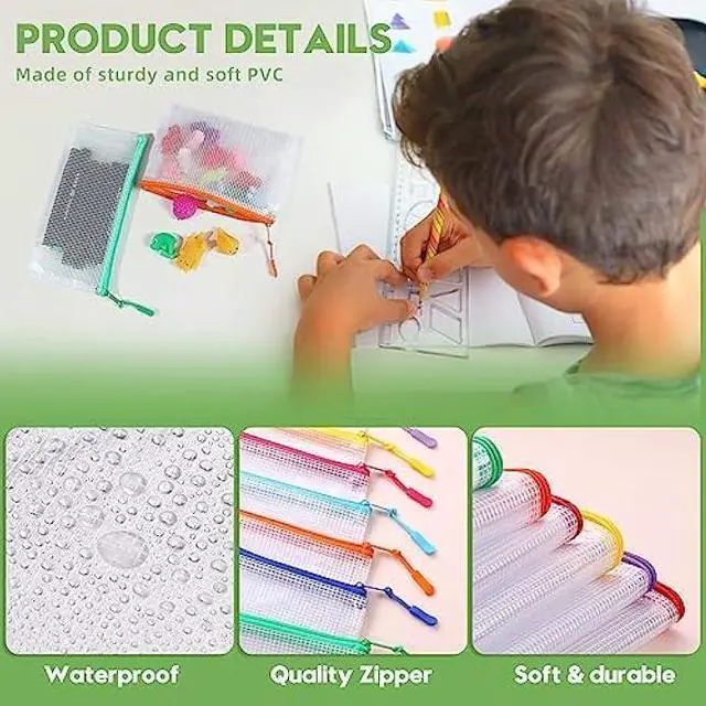 Alt view image 3 of 5 - YOPCDJ 30pcs Mesh Zipper Pouch for Organization, Waterproof Zipper Pouches Colored PVC Travel Zipper Bags Clear Multipurpose Document Bags Suitable for Travel, School, Board Game and Office Supplies