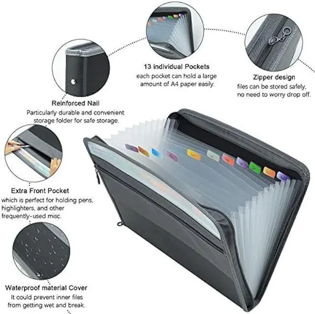 Alt view image 3 of 5 - NAFY Expanding File Folder, 13 Pockets Document Organizer with Zipper, A4 Letter Size Portable Accordion Expanding File Folders with 27pcs Multicolor Labels for Home Office School Supplies (Black)