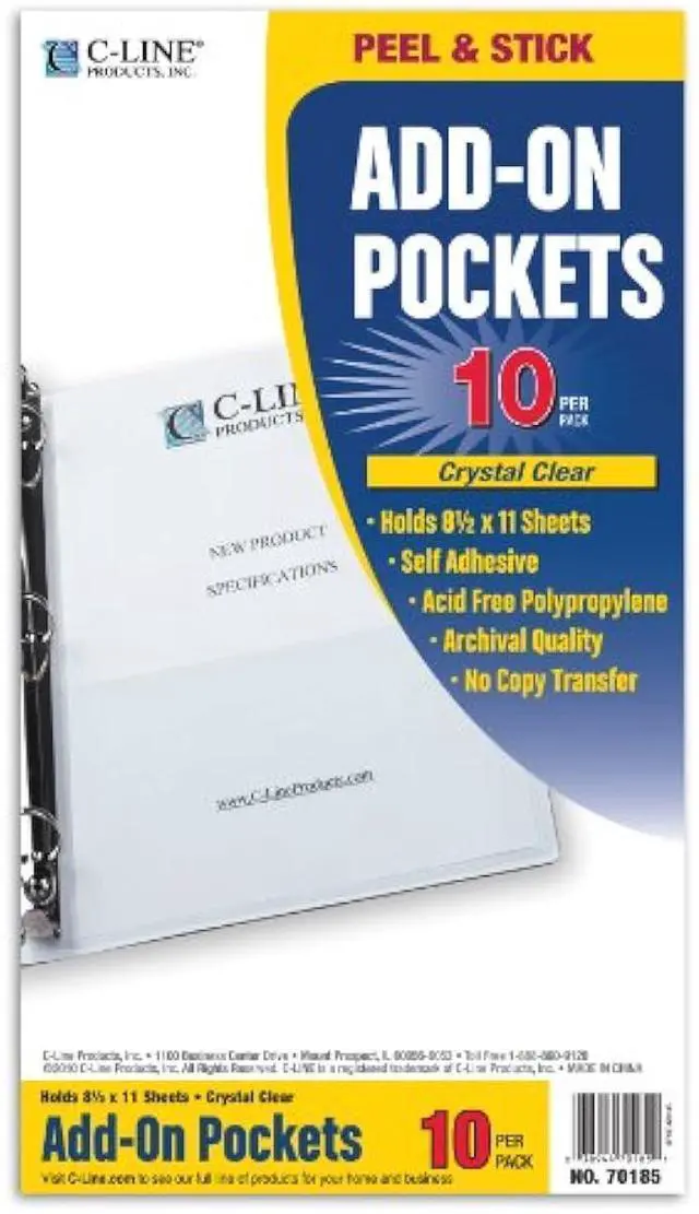 Main image of C-line Add-On Filing Pocket, 8 3/4x5 1/8, 10/PK, 70185 -Letter 8.50-Inch x11-Inch -Polypropylene -10/Pack -Clear