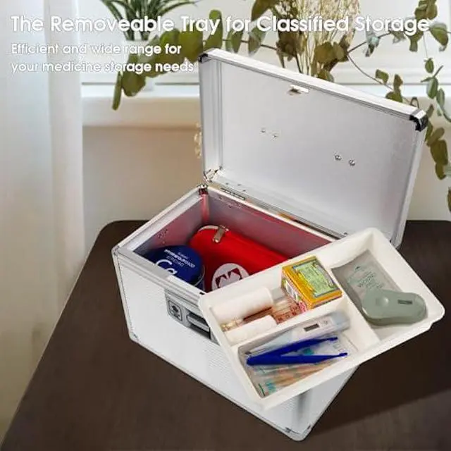 Alt view image 3 of 7 - Medicine Lock Box with Key, Alluminum Alloy Box for Medication,First aid kit with a Removeable Tray to Store Medicines & Pills for Home,Silver 10 * 6.89 * 6.89 Inch