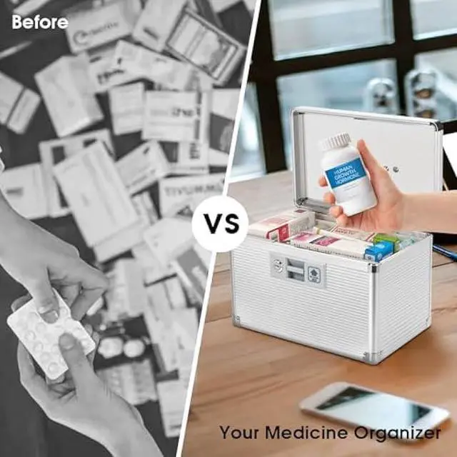 Alt view image 6 of 7 - Medicine Lock Box with Key, Alluminum Alloy Box for Medication,First aid kit with a Removeable Tray to Store Medicines & Pills for Home,Silver 10 * 6.89 * 6.89 Inch