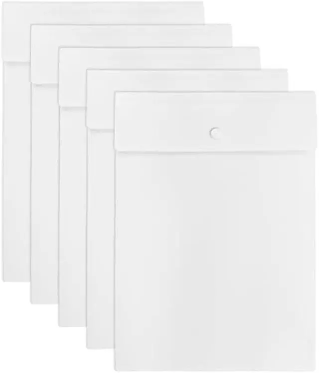 Main image of VANRA Vertical File Folders Poly Filing Envelope Plastic Project Folder with Snap Button Closure for A4 Letter Size Paper (Pack of 5, White)