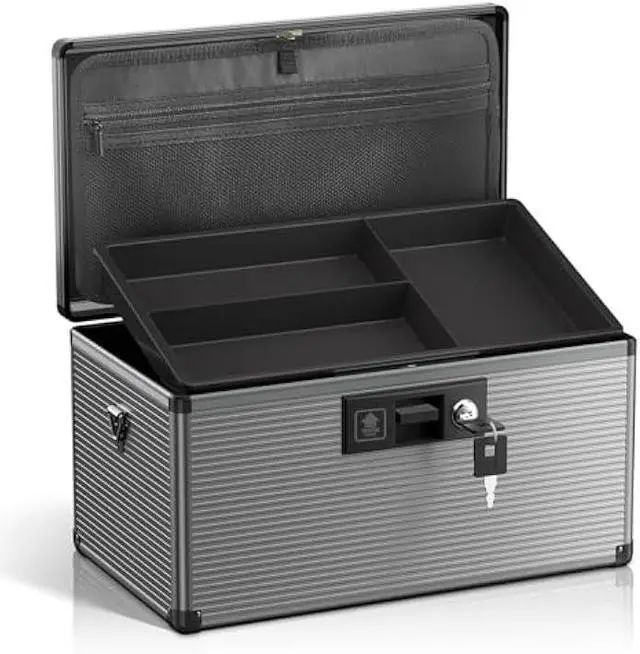 Main image of Medicine Lock Box with Key, Alluminum Alloy Box for Medication,First aid kit with a Removeable Tray to Store Medicines & Pills for Home, Black, 14 * 8.46 * 7.48 Inch