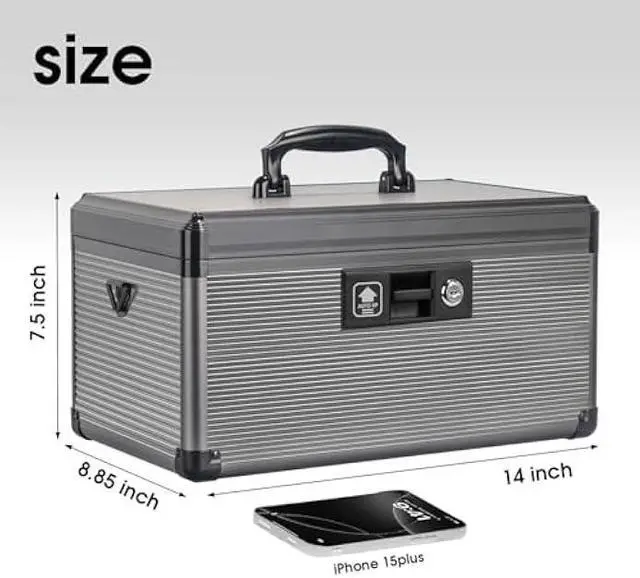 Alt view image 2 of 6 - Medicine Lock Box with Key, Alluminum Alloy Box for Medication,First aid kit with a Removeable Tray to Store Medicines & Pills for Home, Black, 14 * 8.46 * 7.48 Inch