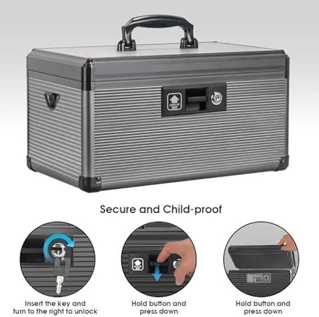 Alt view image 4 of 6 - Medicine Lock Box with Key, Alluminum Alloy Box for Medication,First aid kit with a Removeable Tray to Store Medicines & Pills for Home, Black, 14 * 8.46 * 7.48 Inch