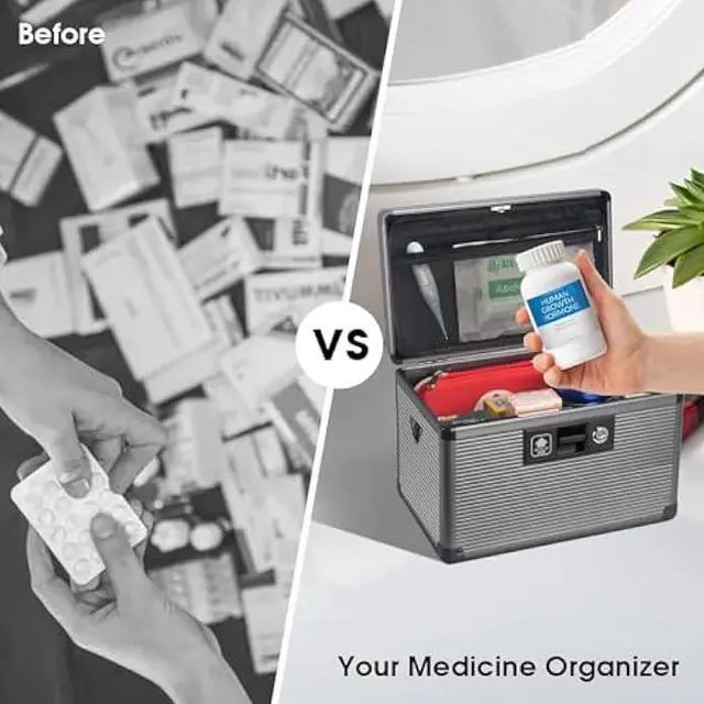 Alt view image 6 of 6 - Medicine Lock Box with Key, Alluminum Alloy Box for Medication,First aid kit with a Removeable Tray to Store Medicines & Pills for Home, Black, 14 * 8.46 * 7.48 Inch