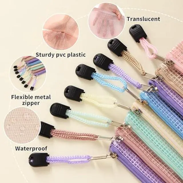 Alt view image 3 of 7 - EOOUT 14pcs Mesh Zipper Pouch, 8 Sizes Waterproof Zipper Bags, 7 Colors Waterproof Plastic Document Pouch, Multipurpose for Travel Storage, Office Appliances, Home Organize