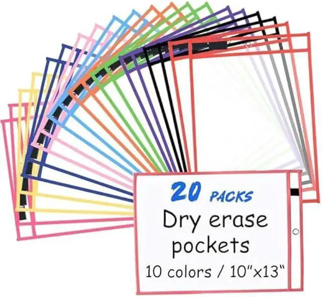 Main image of 20 Pcs Reusable Dry Erase Pockets Sleeves, 13.6 X 10 Job Ticket Holders, Clear Dry Erase Sheet Protectors for Office School Classroom & More, 10 Colors