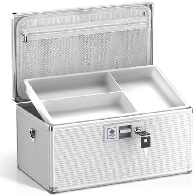 Main image of Medicine Lock Box with Key, Alluminum Alloy Box for Medication,First aid kit with a Removeable Tray to Store Medicines & Pills for Home, Silver, 16 * 9.25 * 7.48 Inch