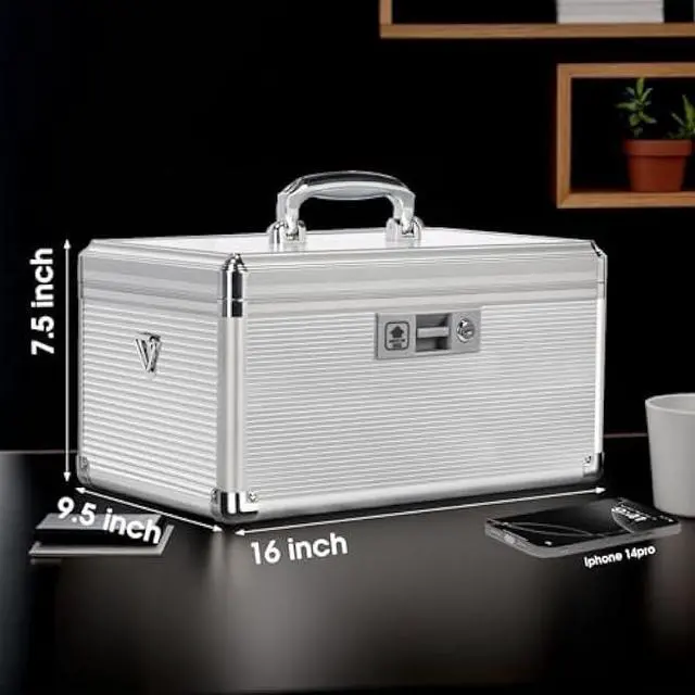 Alt view image 2 of 6 - Medicine Lock Box with Key, Alluminum Alloy Box for Medication,First aid kit with a Removeable Tray to Store Medicines & Pills for Home, Silver, 16 * 9.25 * 7.48 Inch