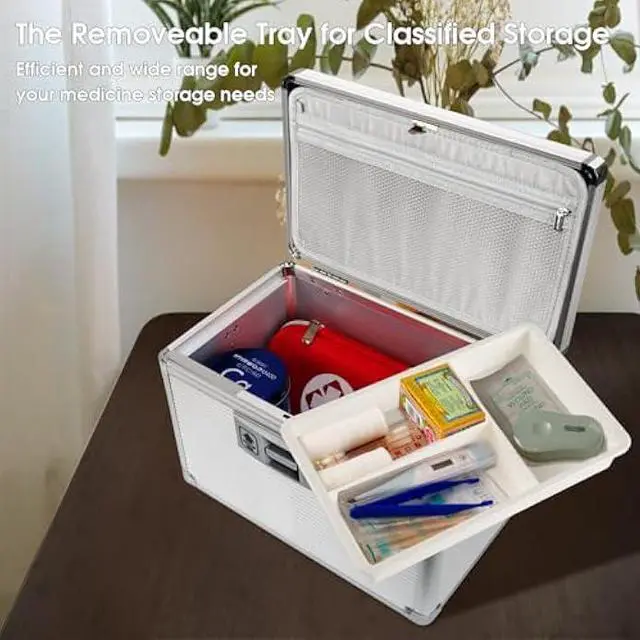 Alt view image 3 of 6 - Medicine Lock Box with Key, Alluminum Alloy Box for Medication,First aid kit with a Removeable Tray to Store Medicines & Pills for Home, Silver, 16 * 9.25 * 7.48 Inch