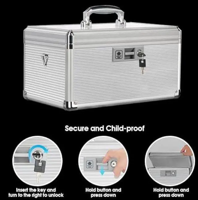 Alt view image 4 of 6 - Medicine Lock Box with Key, Alluminum Alloy Box for Medication,First aid kit with a Removeable Tray to Store Medicines & Pills for Home, Silver, 16 * 9.25 * 7.48 Inch