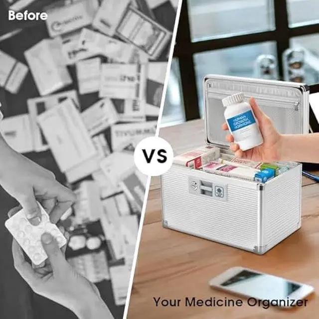 Alt view image 6 of 6 - Medicine Lock Box with Key, Alluminum Alloy Box for Medication,First aid kit with a Removeable Tray to Store Medicines & Pills for Home, Silver, 16 * 9.25 * 7.48 Inch